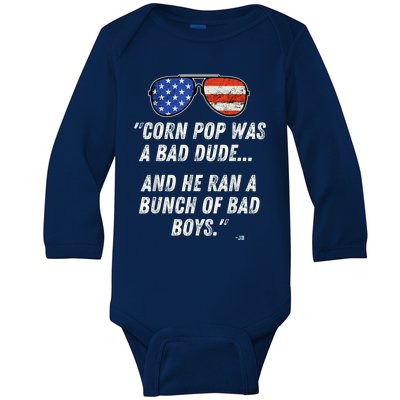 Corn Pop Was A Bad Dude Funny Joe Biden Parody Baby Long Sleeve Bodysuit