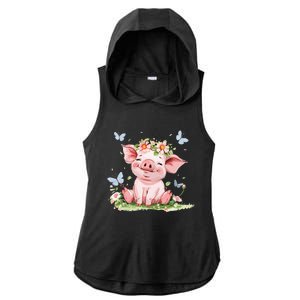 Cute Pig With Flowers I Pig Ladies PosiCharge Tri-Blend Wicking Draft Hoodie Tank