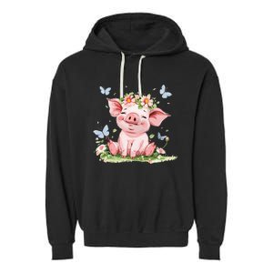 Cute Pig With Flowers I Pig Garment-Dyed Fleece Hoodie