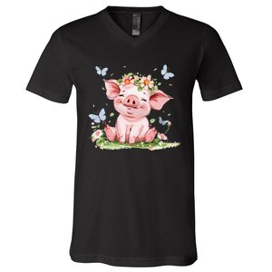 Cute Pig With Flowers I Pig V-Neck T-Shirt