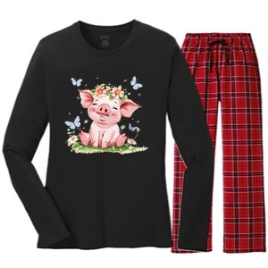 Cute Pig With Flowers I Pig Women's Long Sleeve Flannel Pajama Set 