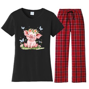 Cute Pig With Flowers I Pig Women's Flannel Pajama Set