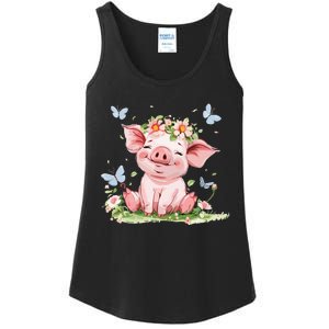 Cute Pig With Flowers I Pig Ladies Essential Tank