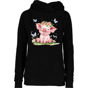 Cute Pig With Flowers I Pig Womens Funnel Neck Pullover Hood