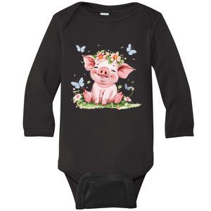 Cute Pig With Flowers I Pig Baby Long Sleeve Bodysuit