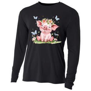 Cute Pig With Flowers I Pig Cooling Performance Long Sleeve Crew