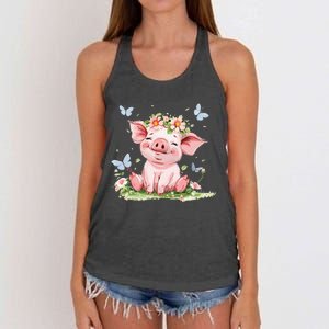 Cute Pig With Flowers I Pig Women's Knotted Racerback Tank