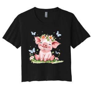 Cute Pig With Flowers I Pig Women's Crop Top Tee