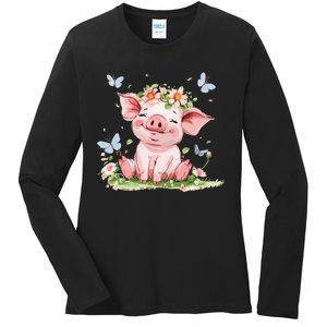 Cute Pig With Flowers I Pig Ladies Long Sleeve Shirt