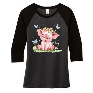 Cute Pig With Flowers I Pig Women's Tri-Blend 3/4-Sleeve Raglan Shirt