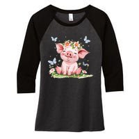 Cute Pig With Flowers I Pig Women's Tri-Blend 3/4-Sleeve Raglan Shirt