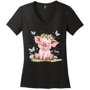 Cute Pig With Flowers I Pig Women's V-Neck T-Shirt