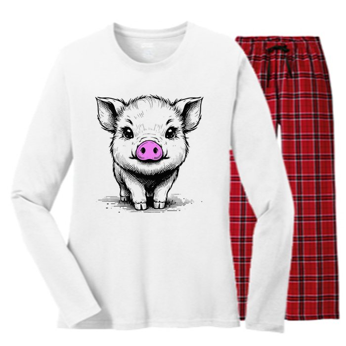 Cute Pig With Nose Drawing Women's Long Sleeve Flannel Pajama Set 