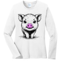 Cute Pig With Nose Drawing Ladies Long Sleeve Shirt