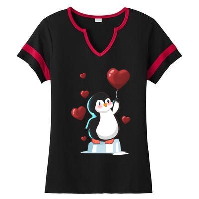 Cute Penguin With Heart Balloon Valentines Day Love Gift Ladies Halftime Notch Neck Tee