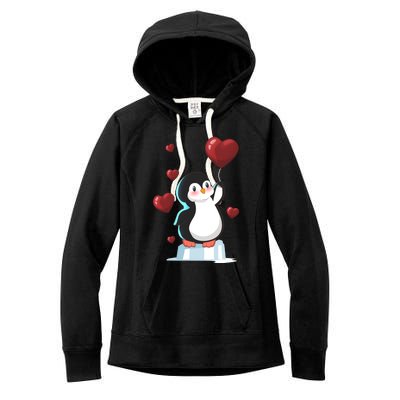 Cute Penguin With Heart Balloon Valentines Day Love Gift Women's Fleece Hoodie