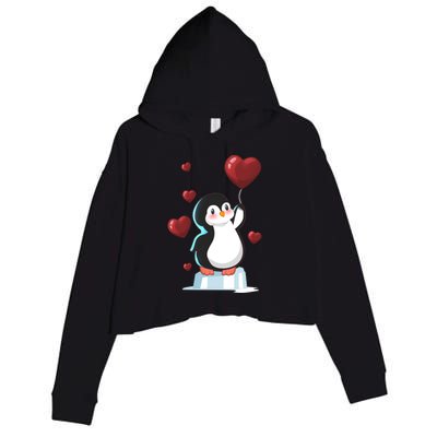 Cute Penguin With Heart Balloon Valentines Day Love Gift Crop Fleece Hoodie