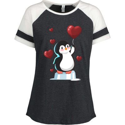 Cute Penguin With Heart Balloon Valentines Day Love Gift Enza Ladies Jersey Colorblock Tee