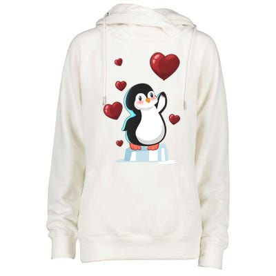 Cute Penguin With Heart Balloon Valentines Day Love Gift Womens Funnel Neck Pullover Hood