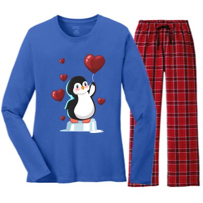 Cute Penguin With Heart Balloon Valentines Day Love Gift Women's Long Sleeve Flannel Pajama Set 