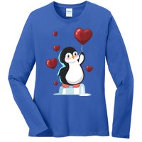 Cute Penguin With Heart Balloon Valentines Day Love Gift Ladies Long Sleeve Shirt