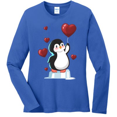 Cute Penguin With Heart Balloon Valentines Day Love Gift Ladies Long Sleeve Shirt