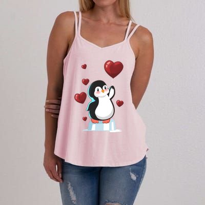 Cute Penguin With Heart Balloon Valentines Day Love Gift Women's Strappy Tank