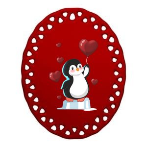 Cute Penguin With Heart Balloon Valentines Day Love Gift Ceramic Oval Ornament