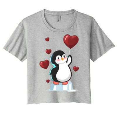 Cute Penguin With Heart Balloon Valentines Day Love Gift Women's Crop Top Tee