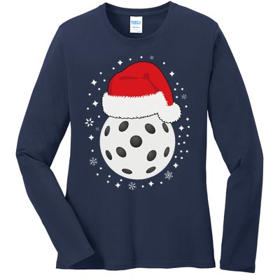 Christmas Pickleball Wearing A Santa Hat In Snow Ladies Long Sleeve Shirt