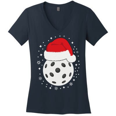 Christmas Pickleball Wearing A Santa Hat In Snow Women's V-Neck T-Shirt