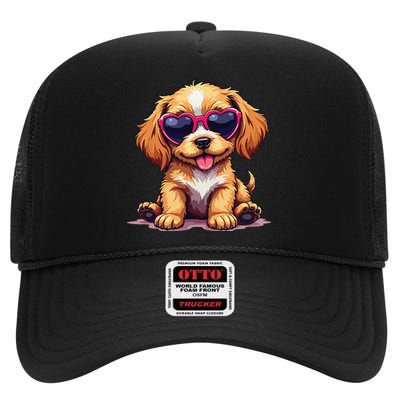 Cute Puppy Wearing Heart Sunglasses Adorable Dog Lover High Crown Mesh Back Trucker Hat