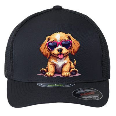 Cute Puppy Wearing Heart Sunglasses Adorable Dog Lover Flexfit Unipanel Trucker Cap