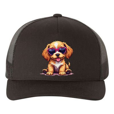 Cute Puppy Wearing Heart Sunglasses Adorable Dog Lover Yupoong Adult 5-Panel Trucker Hat