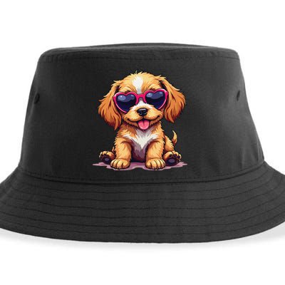 Cute Puppy Wearing Heart Sunglasses Adorable Dog Lover Sustainable Bucket Hat