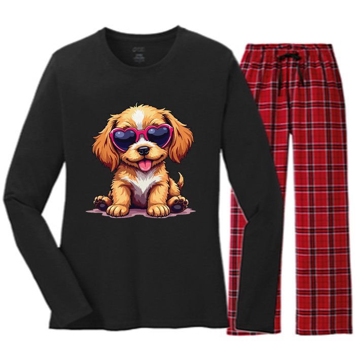 Cute Puppy Wearing Heart Sunglasses Adorable Dog Lover Women's Long Sleeve Flannel Pajama Set 