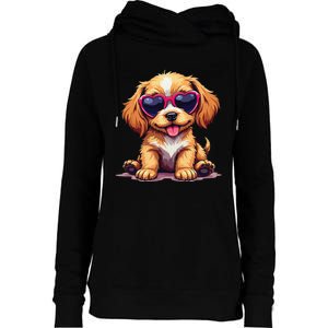 Cute Puppy Wearing Heart Sunglasses Adorable Dog Lover Womens Funnel Neck Pullover Hood