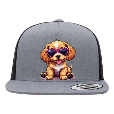 Cute Puppy Wearing Heart Sunglasses Adorable Dog Lover Flat Bill Trucker Hat