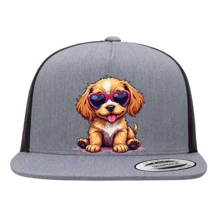 Cute Puppy Wearing Heart Sunglasses Adorable Dog Lover Flat Bill Trucker Hat