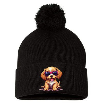 Cute Puppy Wearing Heart Sunglasses Adorable Dog Lover Pom Pom 12in Knit Beanie