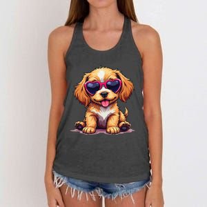 Cute Puppy Wearing Heart Sunglasses Adorable Dog Lover Women's Knotted Racerback Tank