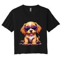 Cute Puppy Wearing Heart Sunglasses Adorable Dog Lover Women's Crop Top Tee