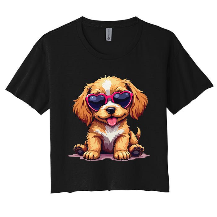 Cute Puppy Wearing Heart Sunglasses Adorable Dog Lover Women's Crop Top Tee