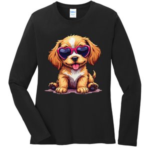 Cute Puppy Wearing Heart Sunglasses Adorable Dog Lover Ladies Long Sleeve Shirt