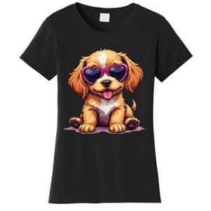 Cute Puppy Wearing Heart Sunglasses Adorable Dog Lover Women's T-Shirt