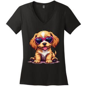 Cute Puppy Wearing Heart Sunglasses Adorable Dog Lover Women's V-Neck T-Shirt