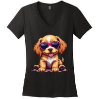 Cute Puppy Wearing Heart Sunglasses Adorable Dog Lover Women's V-Neck T-Shirt