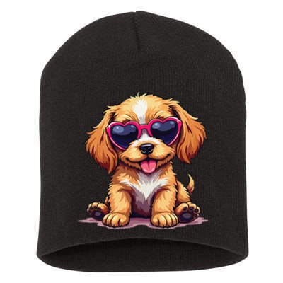 Cute Puppy Wearing Heart Sunglasses Adorable Dog Lover Short Acrylic Beanie