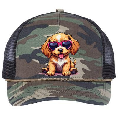 Cute Puppy Wearing Heart Sunglasses Adorable Dog Lover Retro Rope Trucker Hat Cap