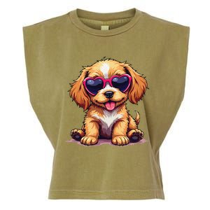 Cute Puppy Wearing Heart Sunglasses Adorable Dog Lover Garment-Dyed Women's Muscle Tee